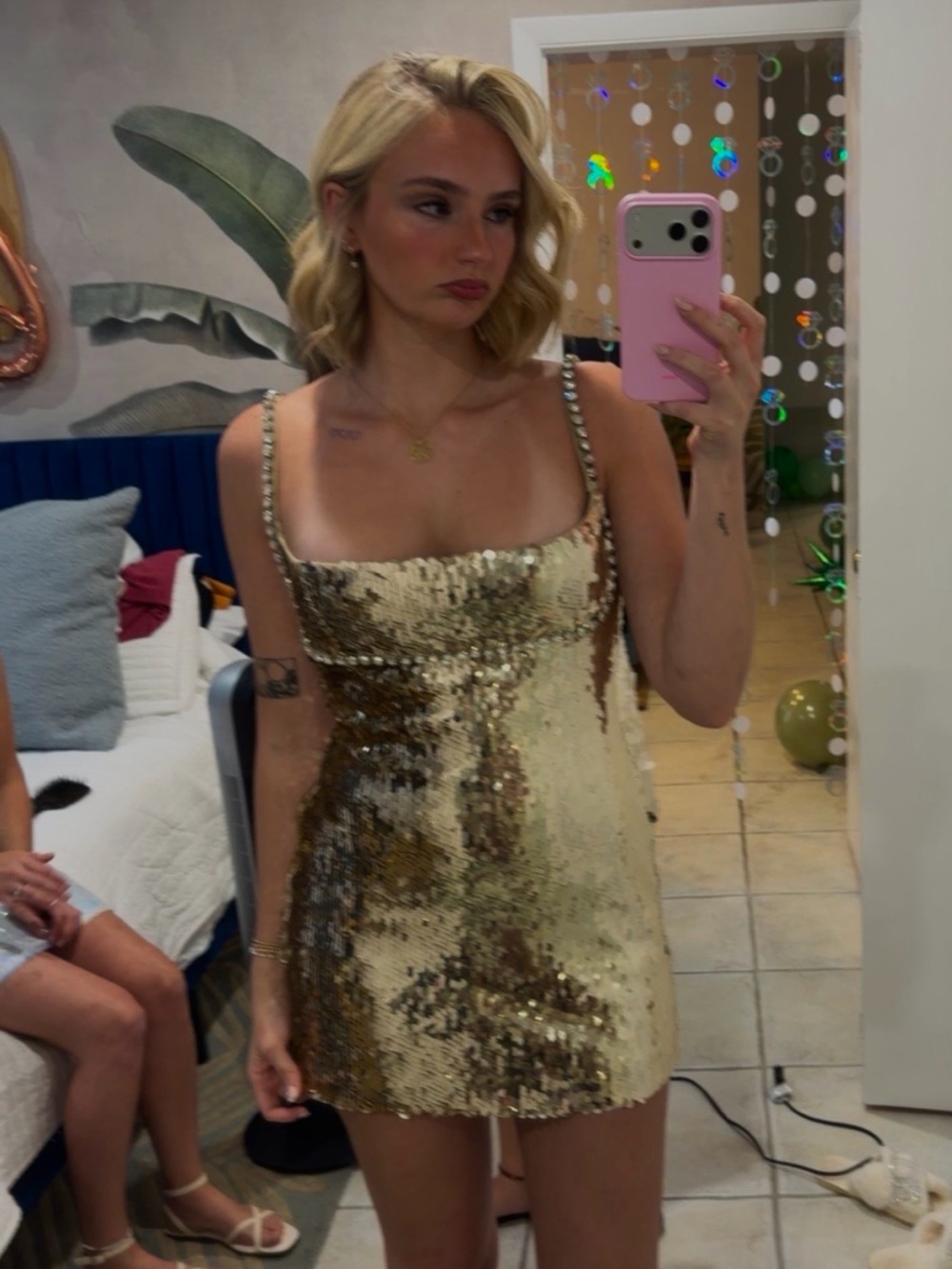 Retrofete Gold Sequin Mini Dress - Metallic Gold Party Dress - Picture 2 of 4